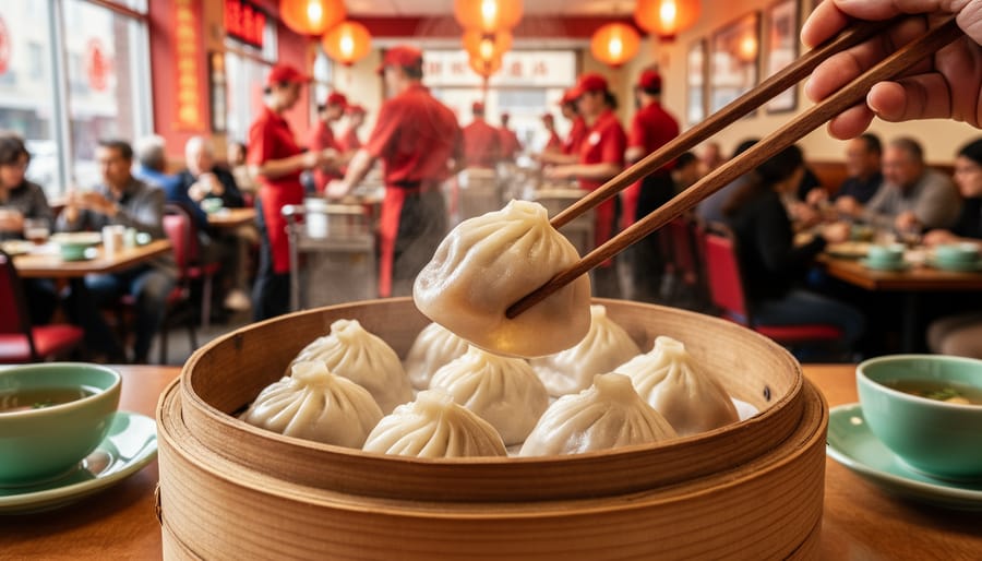 Chopsticks lift a steaming soup dumpling from a bamboo steamer in a crowded Richmond dim sum restaurant, with carts, servers, and diners softly blurred in the background.