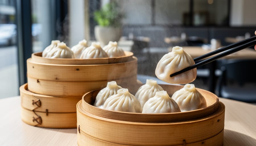 Steaming bamboo baskets filled with Chinese soup dumplings on restaurant table