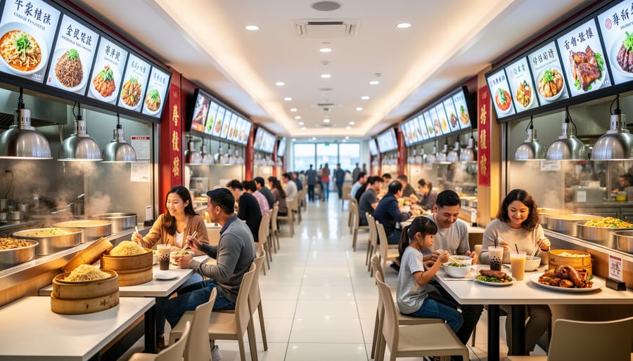 Busy Asian food court interior with diners and multiple restaurant stalls