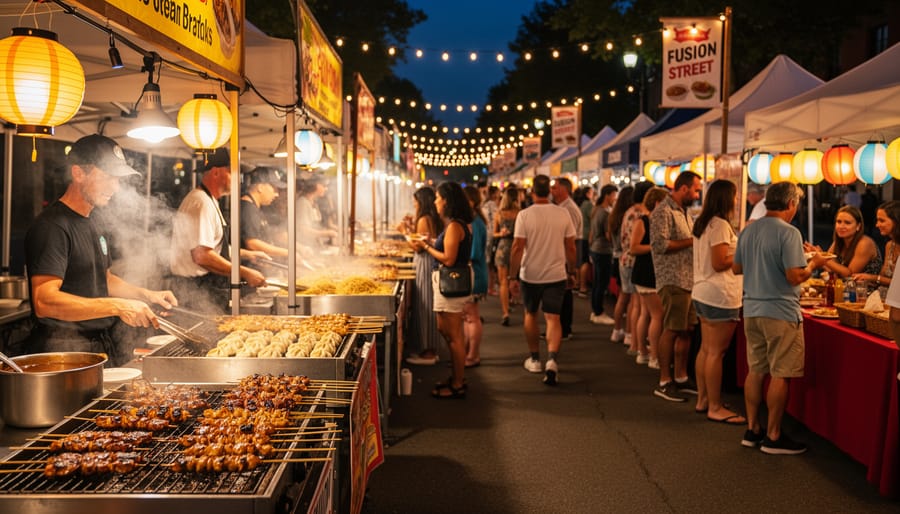 Grilled skewers cooking over flames at outdoor night market food stall
