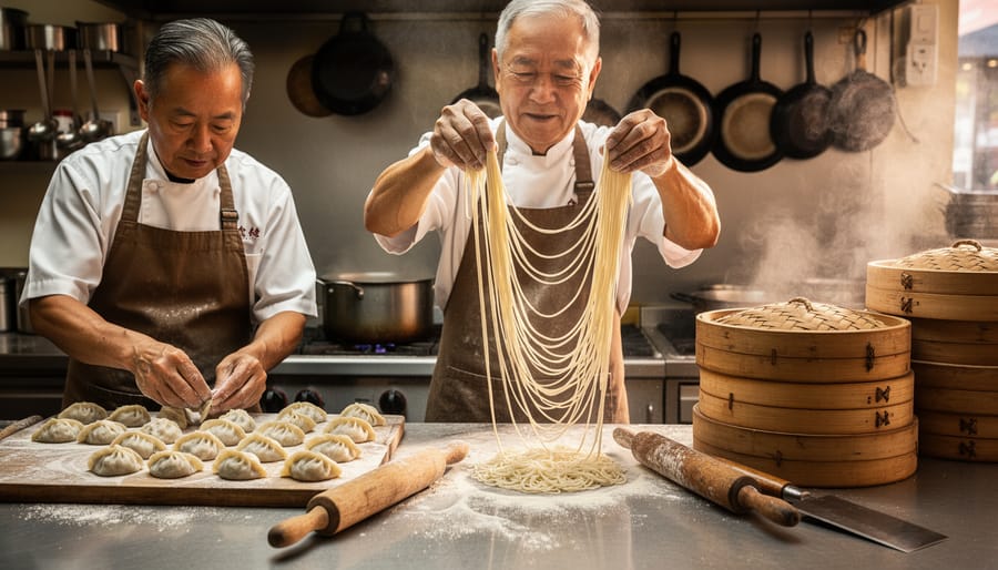 Chef's hands hand-pulling fresh noodles in restaurant kitchen