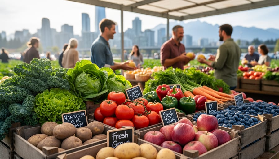 Basket of fresh farm vegetables held above wooden market crates with fields blurred in the background.
