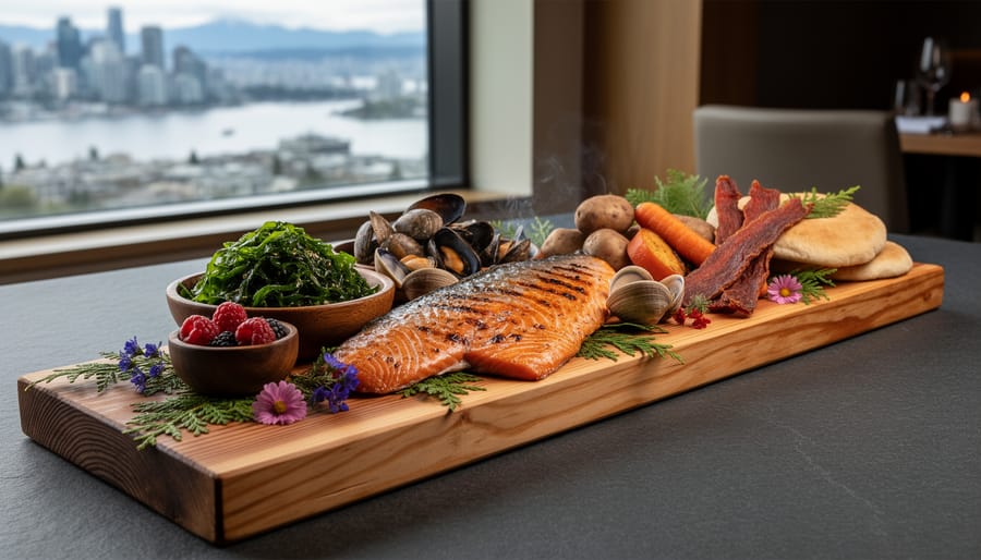 Cedar plank with smoked salmon and traditional Indigenous food ingredients photographed on a Pacific coastal setting.