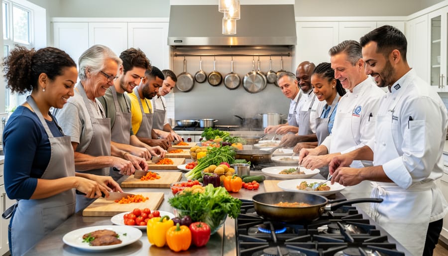 Chef and guests shaping dough during a hands-on workshop in a bright kitchen