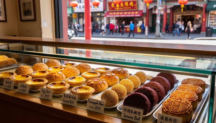 Close view of pastries and buns displayed in a Chinatown-style glass storefront case.