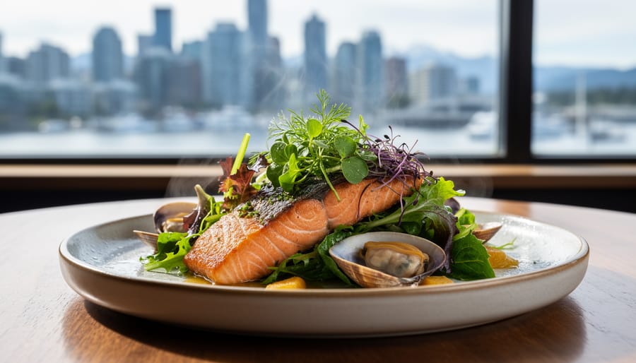 Fresh seafood and leafy greens arranged on a wooden crate with a jar of sauce outdoors