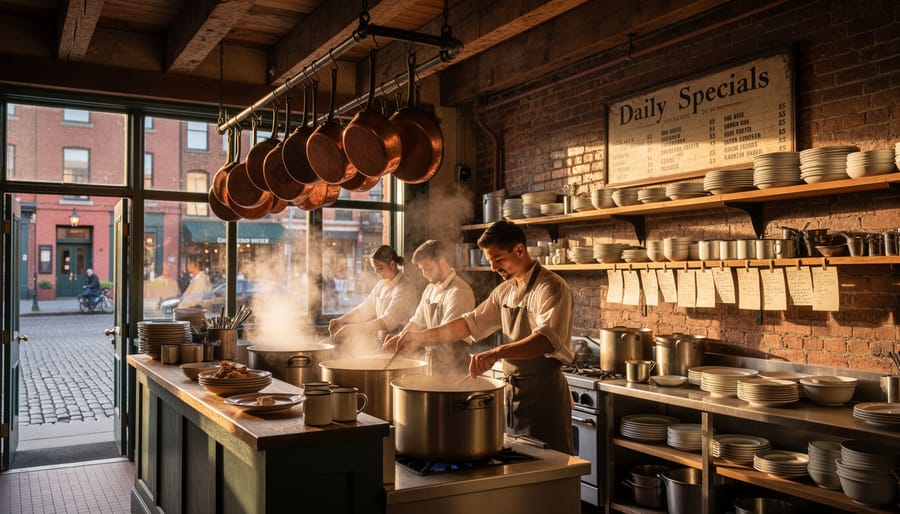 Gastown storefront doorway at dusk with warm interior glow and hints of traditional serving items visible.