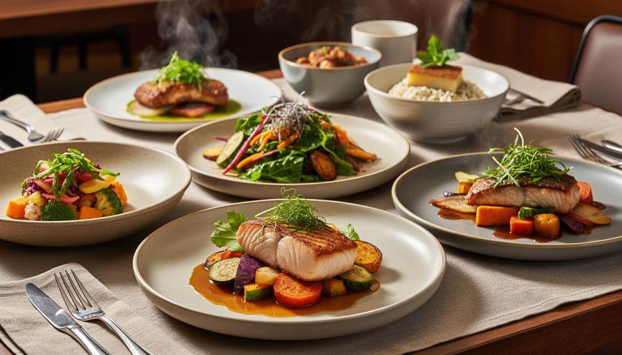 Seasonal dishes and amber tea on a slate tasting table in a Vancouver dining setting