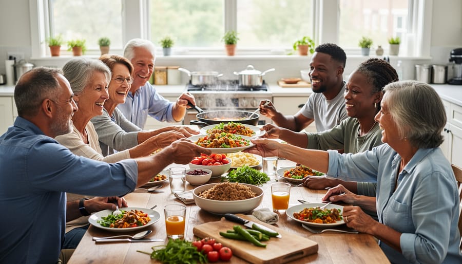 People share a communal meal in Fruit Valley’s community kitchen, serving themselves from large trays