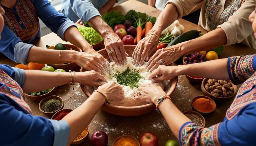 Community member demonstrates food preparation during a cultural cooking session with shared ingredients on a countertop