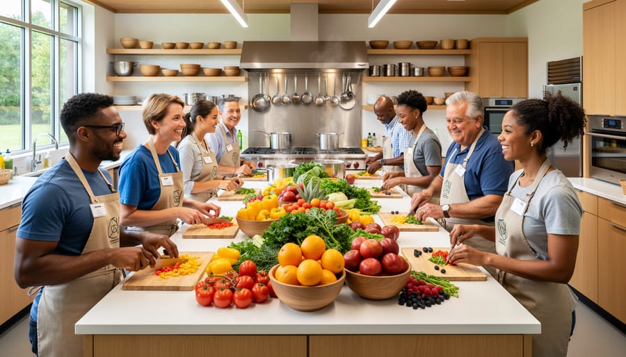 Volunteers prepare food together at Fruit Valley’s community kitchen tables with fresh fruit and vegetables