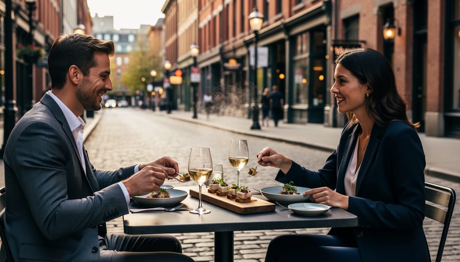 Food tour guests enjoying a cocktail tasting on Gastown cobblestones with historic buildings softly blurred in the background.
