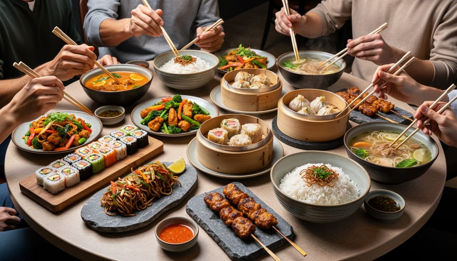 Close-up of a communal table with Asian-inspired food dishes and chopsticks ready for shared tastings.