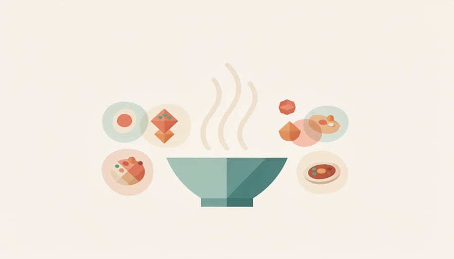 Steaming bowl of food with blurred multicultural street scene reflections, suggesting community-focused food tours in Vancouver.