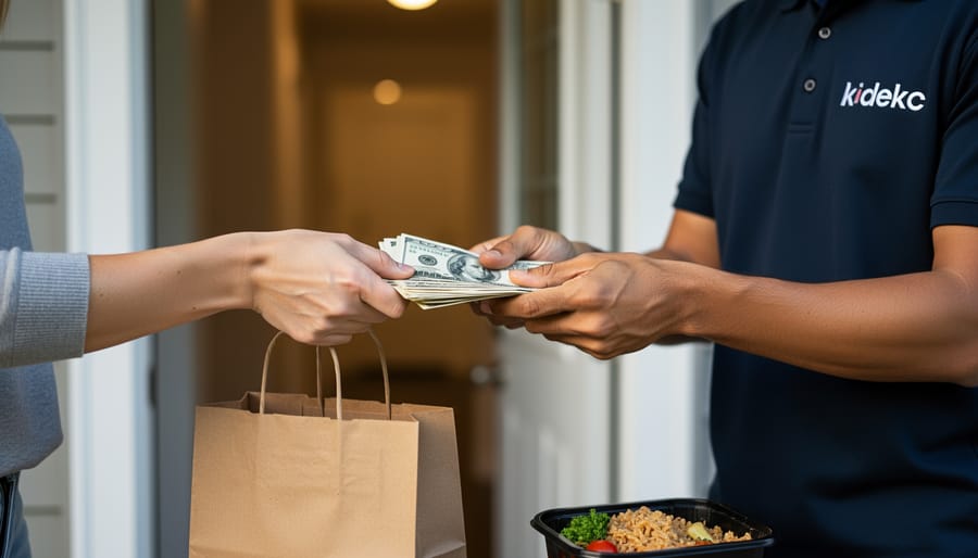 Close-up of gloved courier hand receiving Canadian cash during food delivery