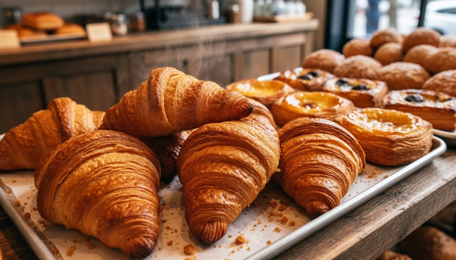 Assorted freshly baked pastries displayed on a bakery counter