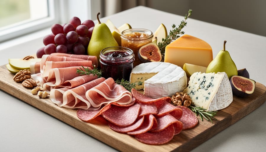 Artisan cheese and charcuterie board with cured meats and preserves
