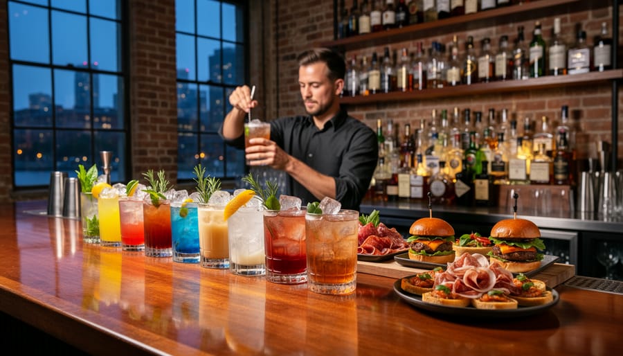 Bartender preparing a craft cocktail with garnished glasses on a bar counter