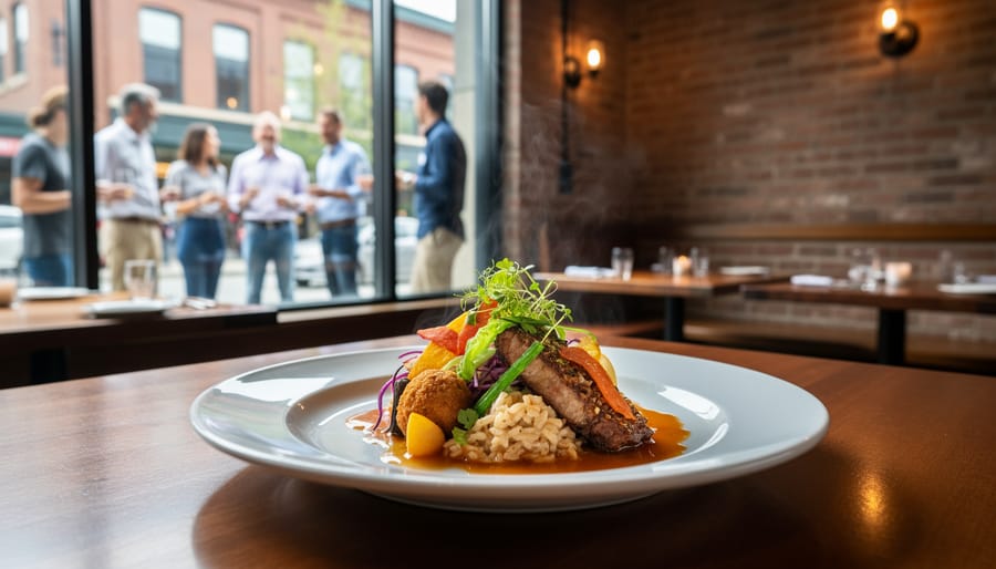 Close-up of a plated fusion cuisine dish with colorful garnishes