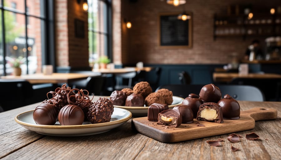Assorted dark chocolate truffles on a marble counter