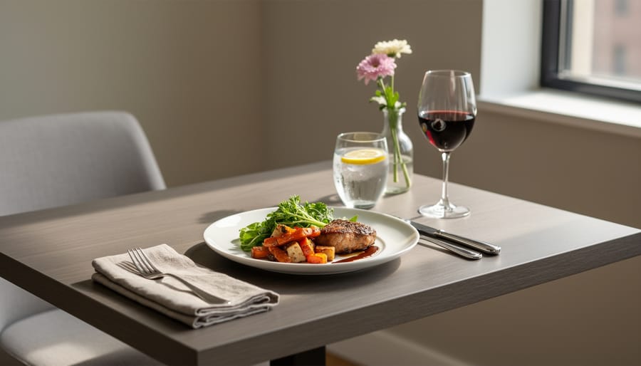 A carefully set table with multiple course dishes, wine glasses, and a notebook suggesting mindful planning before dining