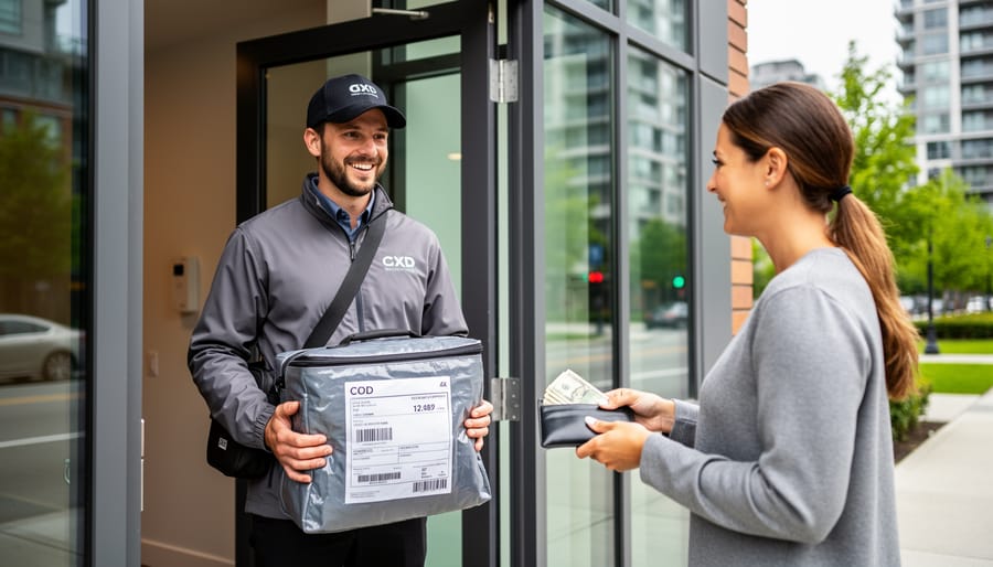 Food delivery courier holding a sealed delivery bag outside a Vancouver building entrance