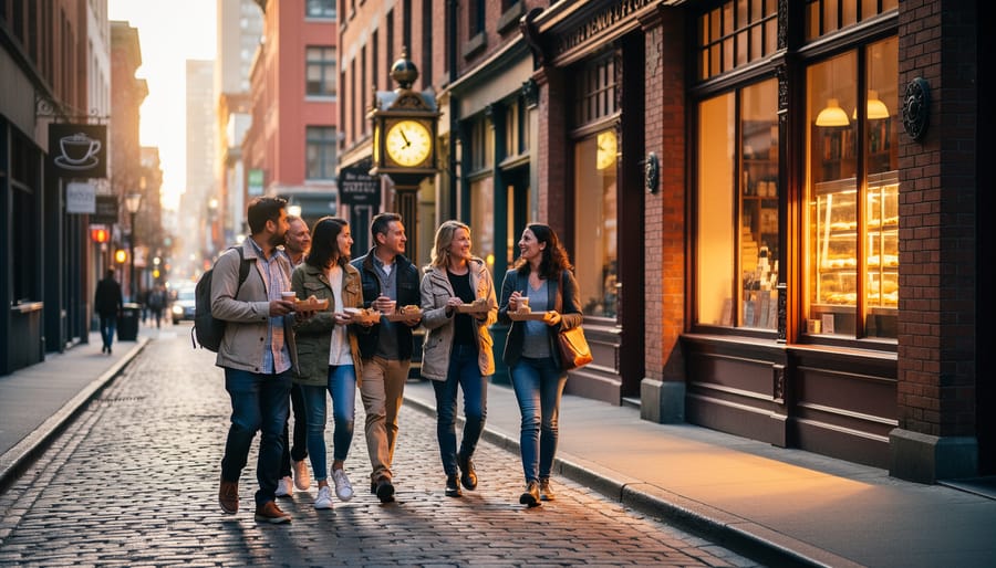 Food tour guests walking on Gastown’s cobblestone street with Victorian brick buildings and the steam clock in the background.