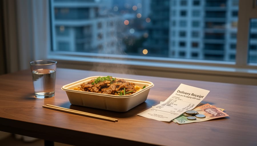 Hot takeout meal and Canadian bills set on a small table by a window in a Vancouver-like setting