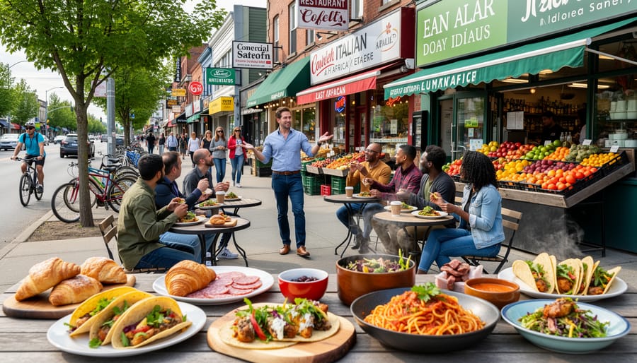 Street-level view of food and craft coffee on Commercial Drive with a colorful mural background