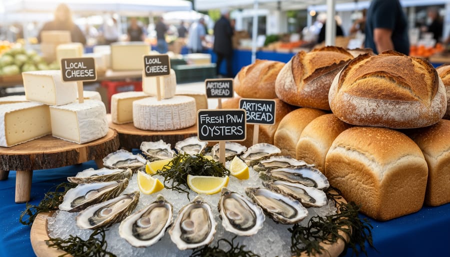 Close-up of oysters, lemon, and local cheese on a wooden board at Granville Island market