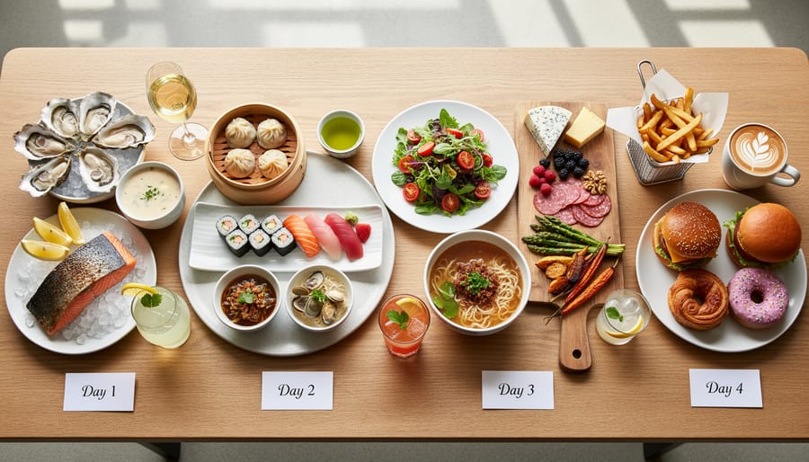 Assorted Vancouver food and craft drinks on a wooden table with a blurred city and waterfront background