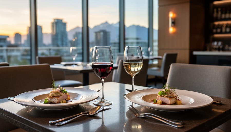 Elegant plated tasting menu with white wine and blurred city lights in the background